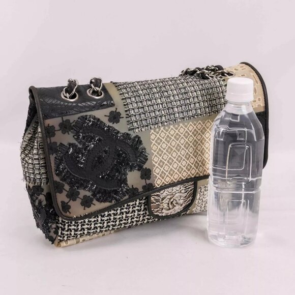 Authentic CHANEL PVC Tweed Patchwork Jumbo Single Flap Black - Picture 6 of 16
